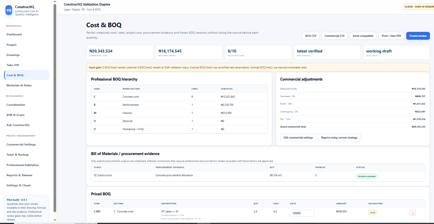 ConstructIQ cost and BOQ screen