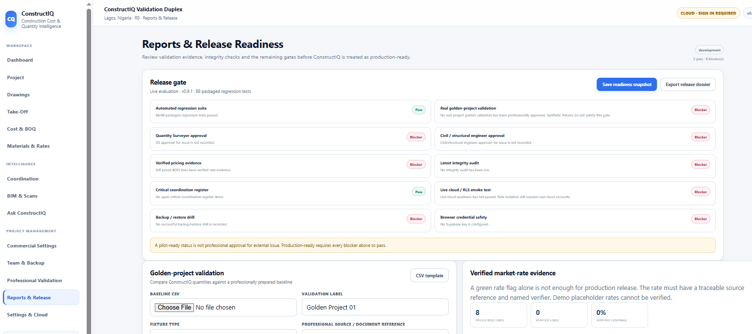 ConstructIQ release readiness screen