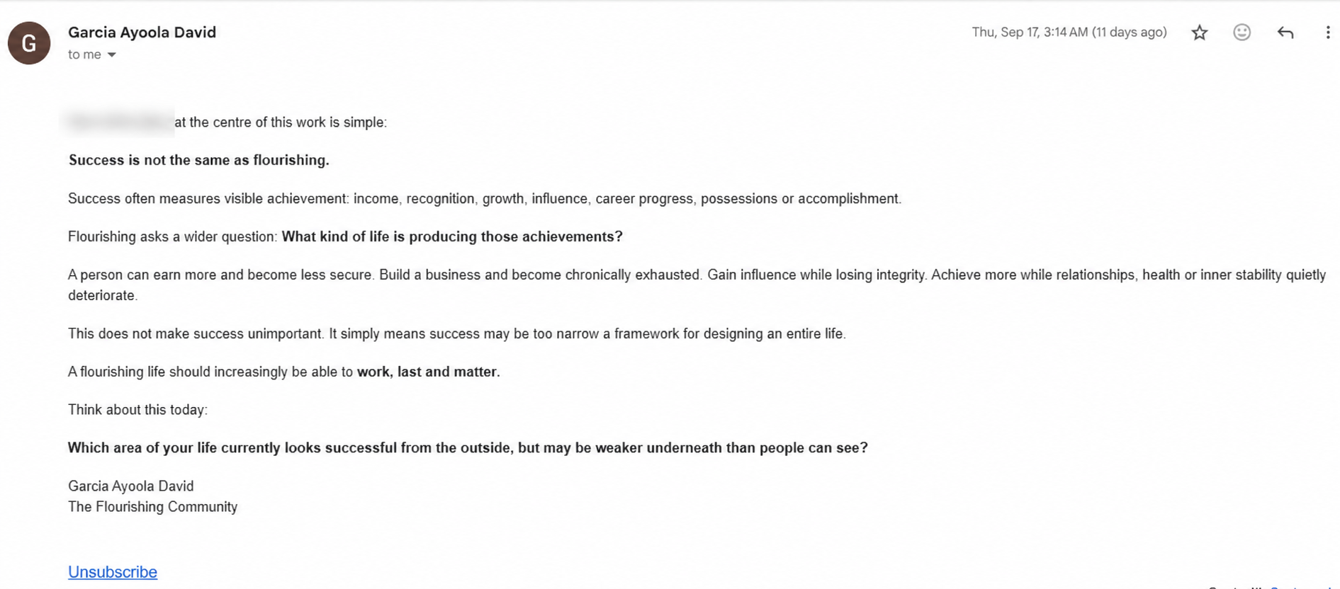 Anonymised recurring Flourishing Letter email