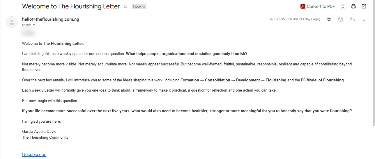 Anonymised Flourishing Letter welcome email