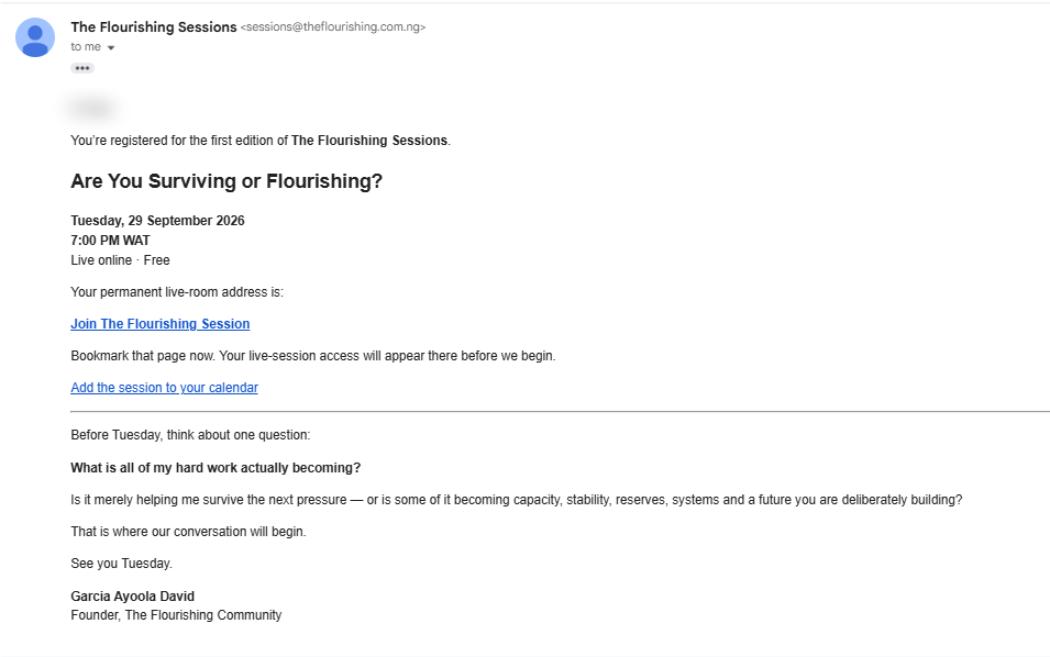 Anonymised registration confirmation email